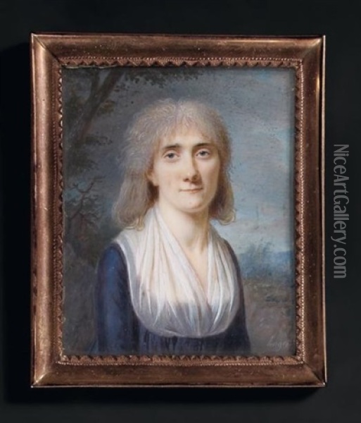 Portrait De Madame Poupard En Robe De Soie Bleue Et Voile De Dentelle Blanc Vue Dans Un Paysage Oil Painting - Eustache Hyacinthe Langlois