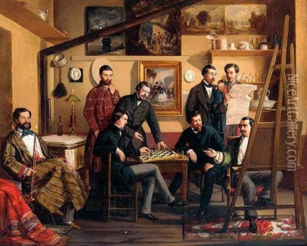 The Studio Chess Game Oil Painting - Antonio Maria Esquivel Suarez de Urbina