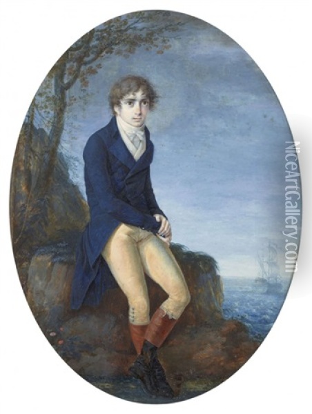 Portrait D'homme En Pied Sur Un Littoral Oil Painting - Jean Georget