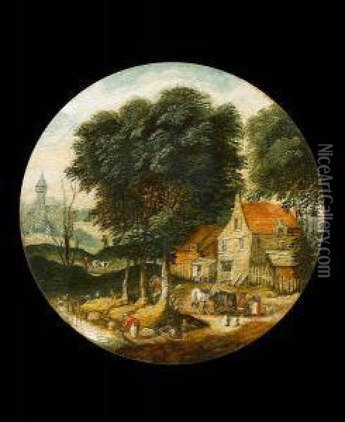 A Riverside Village With Travellers On A Country Path Oil Painting - Marten Ryckaert