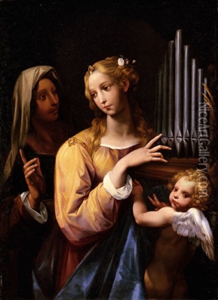 Santa Cecilia Con L'organo Portatile, Un'altra Santa Ed Un Putto Oil Painting - Giuseppe Cesari