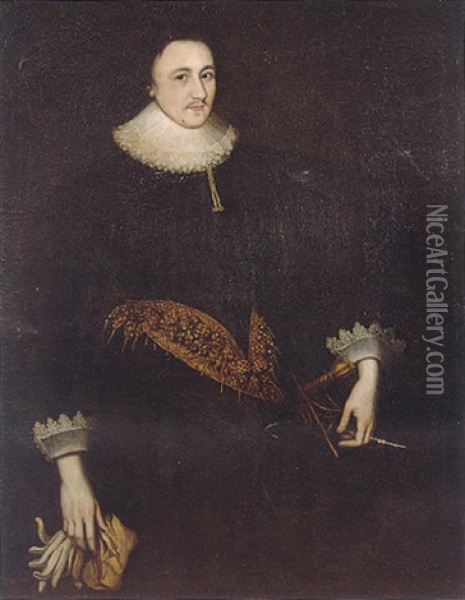 Portrait Of A Gentleman (sir Martin Lister?) Wearing A Black Doublet And Hose, White Lace Ruff Collar And A Gold Embroidered Belt Oil Painting - Robert Peake the Elder