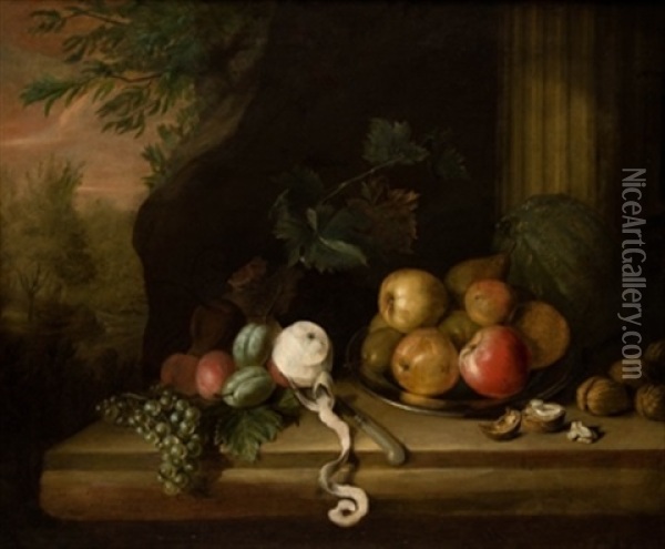 Bodegon De Frutas Nueces Y Fondo De Paisaje Oil Painting - Jan Baptist Fornenburgh
