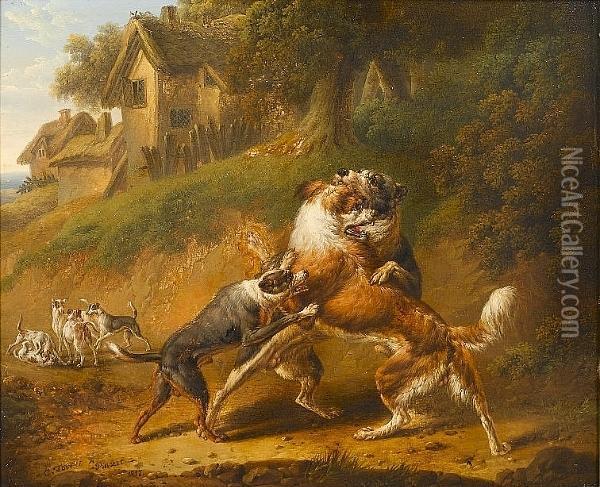 Dogs Fighting Oil Painting - Charles Towne