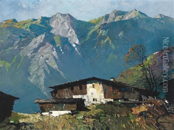 Homestead In The Mountains Oil Painting - Oskar Mulley