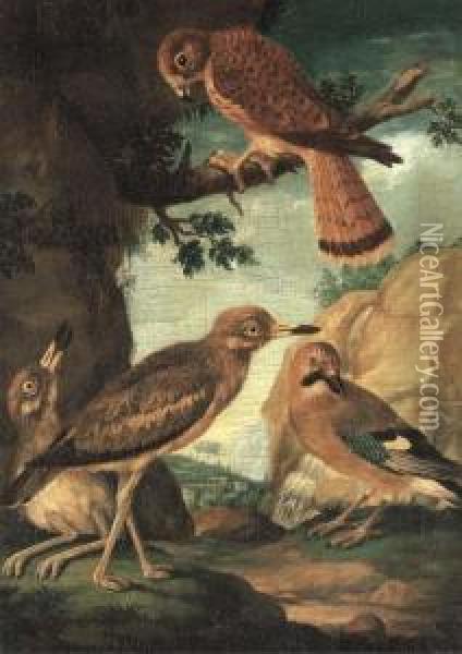 A Chuff, Hawk, Sparrow And Kestrel In A Landscape Oil Painting - Ferdinand Phillip de Hamilton