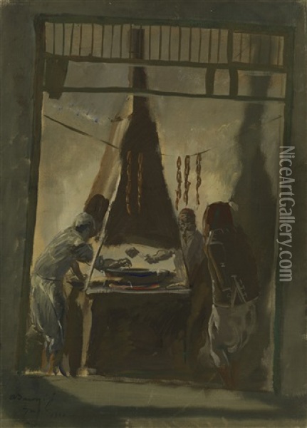 Merguez Seller In Tunis Oil Painting - Alexander E. Yakovlev