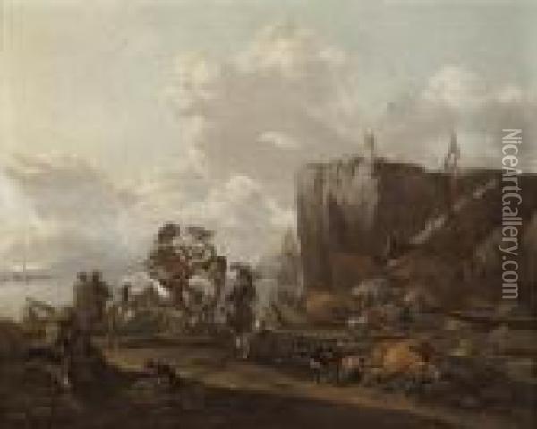 A Coastal Landscape With 
Merchants On Horseback, A Drover Loadingcattle Onto A Boat, And A Town 
Beyond Oil Painting - Nicolaes Berchem