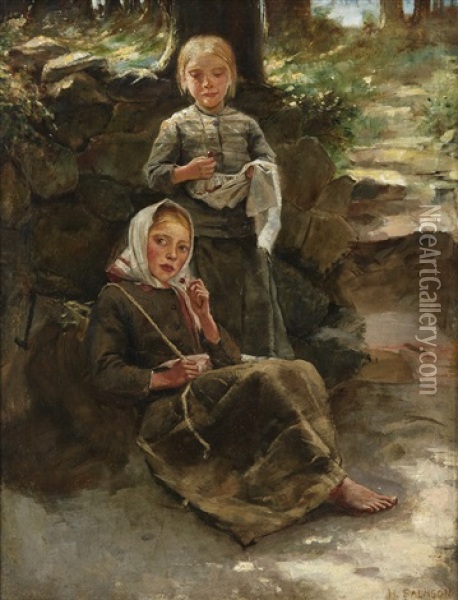 Korsbar, Tva Barn I En Skogsglanta Oil Painting - Hugo Salmson