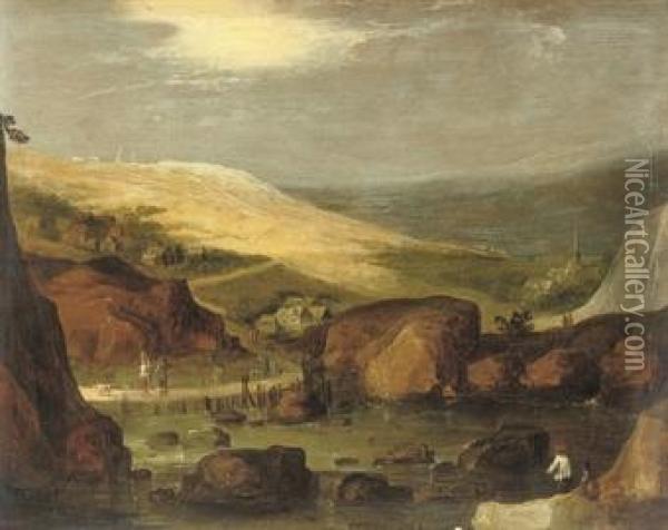 A Rocky River Landscape With Travellers Crossing A Bridge Oil Painting - Joos De Momper