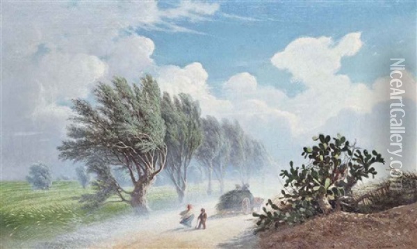 Travellers Caught In The Wind On A Dusty Track Oil Painting - Francesco (Luigi) Lojacono