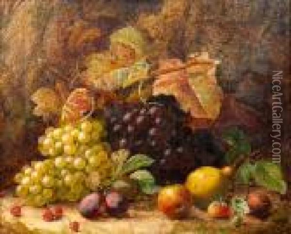 Still Life Of Grapes, Pear, Apple, Plums Andstrawberries On A Mossy Bank Oil Painting - Oliver Clare