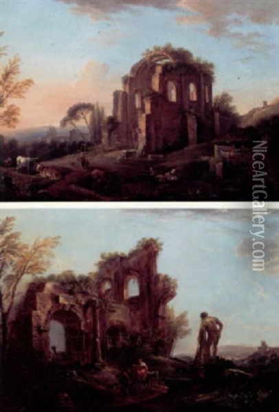 Vedute Med Folkeliv Ved Antikke Ruiner Oil Painting - Jean Baptiste Lallemand