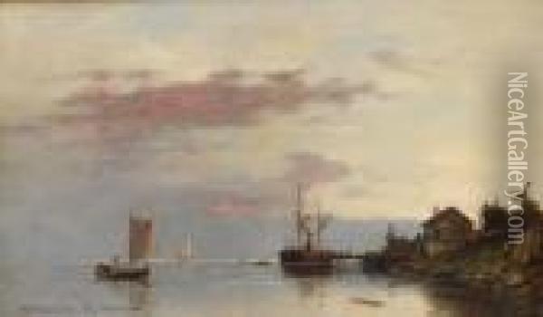 Fjordlandskap Med Bater Og Folkeliv 1881 Oil Painting - Georg Anton Rasmussen
