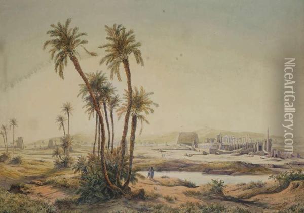 Ori ntaals Landschap Met Personages Nabij Oase En Ru nes Van Karnak Op De Achtergrond Oil Painting - Friedrich Otto Georgi