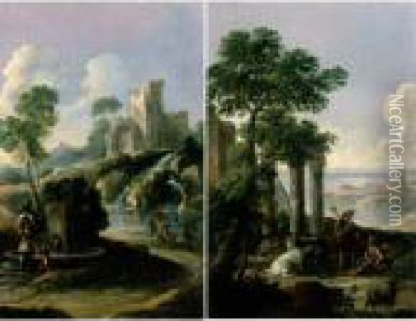 Landscapes With Shepherds And Other Figures Near Ruins And A Fountain Oil Painting - Andrea Locatelli