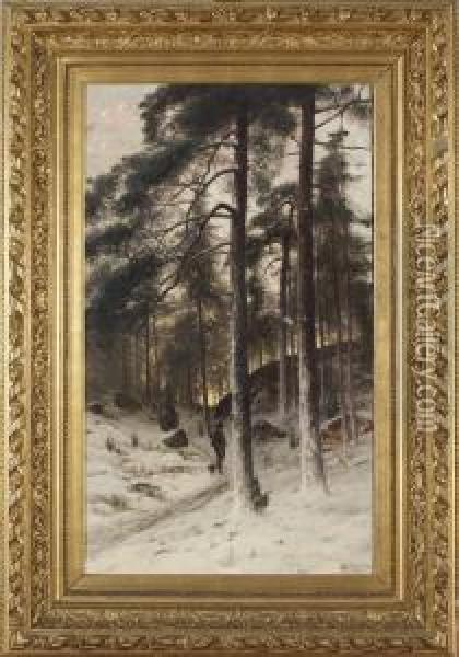 Jagare I Vinterskog Oil Painting - Arvid Mauritz Lindstrom