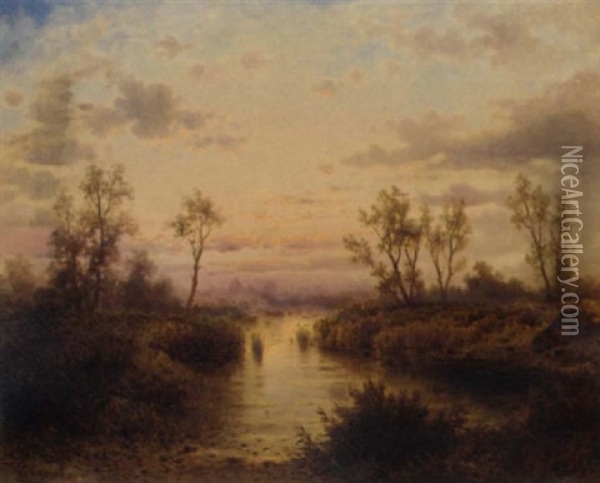 Daybreak At A Tree-lined Lake Oil Painting - Albert Rieger