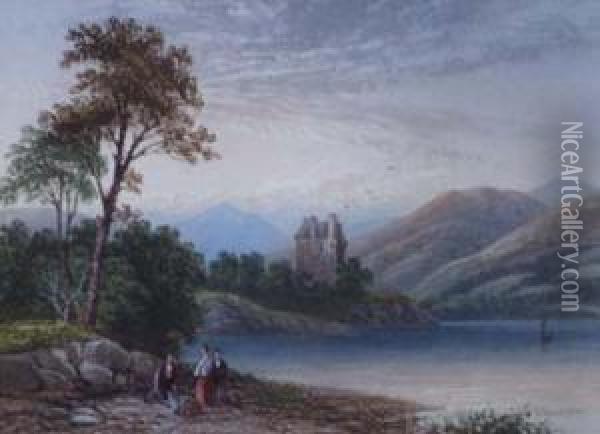 Loch Scene With Figures And Castle Beyond Oil Painting - George Cuitt