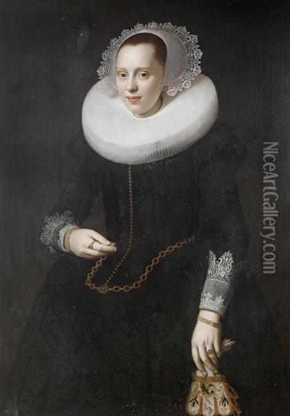 Portrait Of A Lady, Standing,three-quarter-length, In A Black Dress And White Collar, Holding Aglove Oil Painting - Nicolaes (Pickenoy) Eliasz