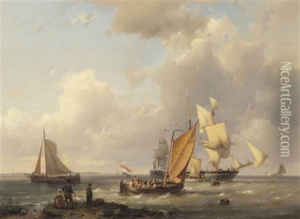 Dutch Flatboats, A Brigantine And A Barque On The Zuiderzee Oil Painting - Hermanus Willem Koekkoek