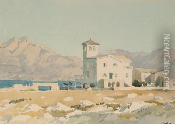 A Spanish Hilltop Town; Puerto De Pollensa Oil Painting - Adolphe Pierre Valette