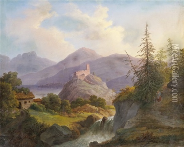Flusslandschaft Mit Burg Und Stadtchen In Der Ferne Oil Painting - Matthias Rudolf Toma