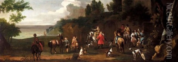 A Hunting Party In An Extensive Landscape Oil Painting - James Ross