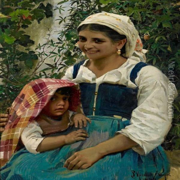A Smiling Young Italiangirl Oil Painting - Peder Mork Monsted