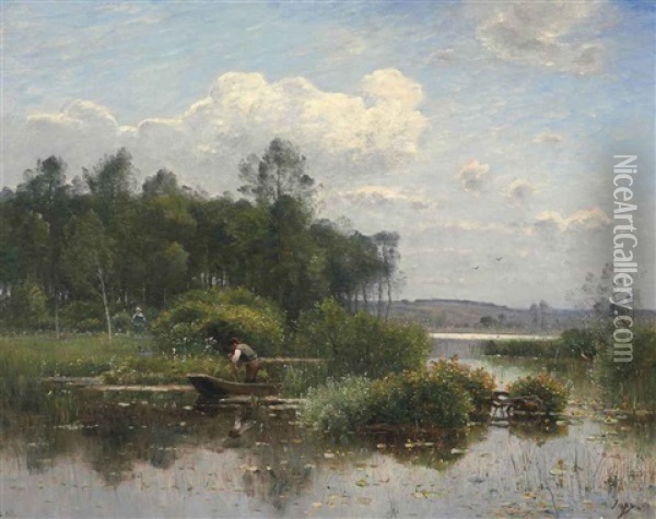 A Boatman In An Extensive River Landscape Oil Painting - Louis Aime Japy