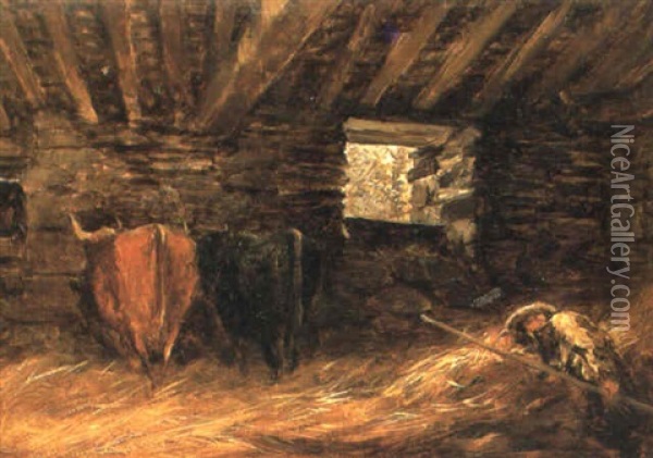 Barn Interior With Sleeping Herdsman Oil Painting - David Cox the Elder