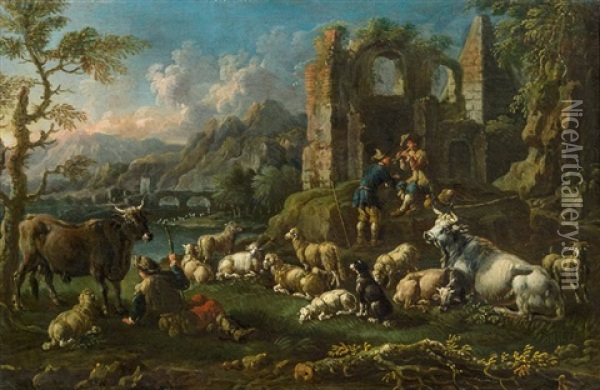 Hirten Mit Herde In Einer Sudlichen Landschaft Mit Ruinen Oil Painting - Cajetan Roos
