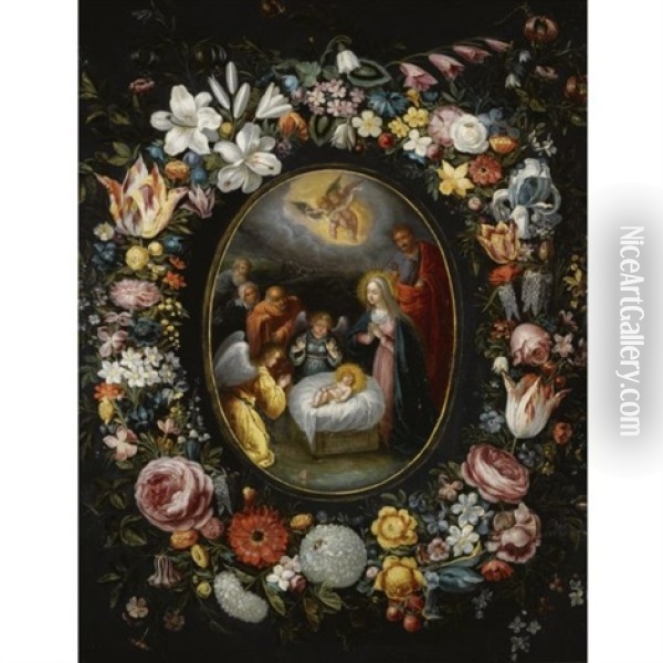 The Nativity Encircled By A Garland Of Roses, Parrot Tulips, Lilies, Violets, Forget-me-nots, Lily Of The Valley And Other Flowers Oil Painting - Frans Francken III