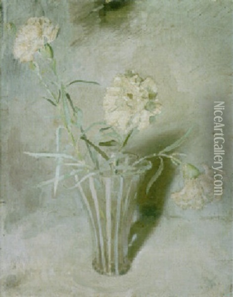 White Carnations In A Glass Vase Oil Painting - William Nicholson