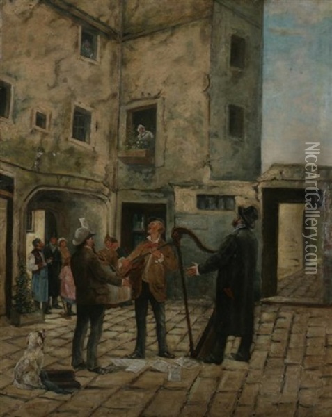 Musical Trio In Courtyard Oil Painting - Augusto Bompiani