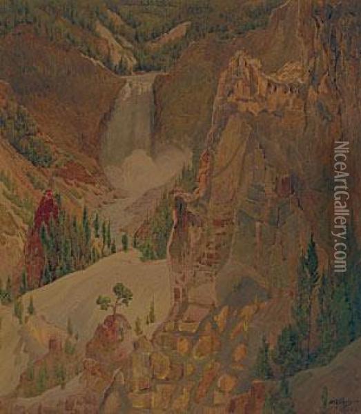 Yellowstone Waterfall Oil Painting - Gunnar M. Widforss