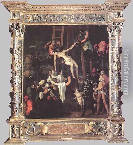 Descent from the Cross (with original frame) 1547 Oil Painting - Pedro Machuca