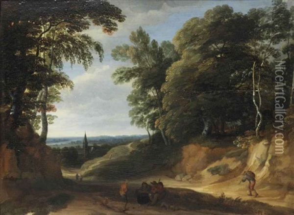 A Wooded Landscape With Figures On A Path, A Village Beyond Oil Painting - Lodewijk De Vadder