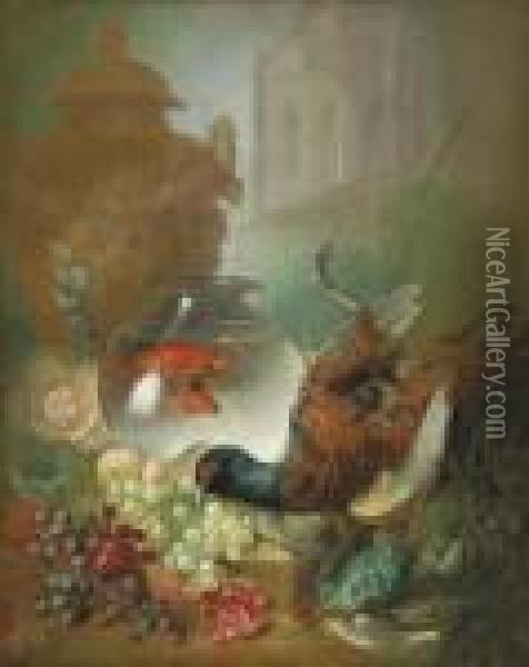 Grapes, Pomegranates, Game, Fish, Goldfish In A Bowl, A Classical Urn Oil Painting - Jan van Os