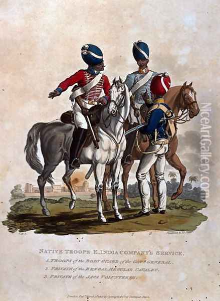 Native Troops, East India Companys Service, Troops of the Body Guard of the Governor General, Private of the Bengal Regular, from Costumes of the Army of the British Empire, according to the last regulations 1812, published by Colnaghi and Co. 1812-15 Oil Painting - Charles Hamilton Smith