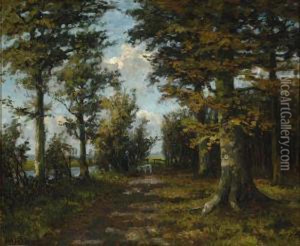Woman With A Goat On A Forest Path Oil Painting - Johannes Jacobus (jan) Van Der Stap