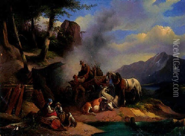 La Charette Arretee Oil Painting - Leopold-Louis Robert