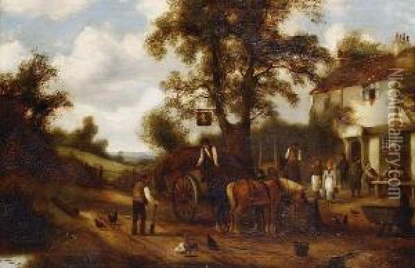 Travellers Stopping At An Inn; Resting The Horses At A Village, A Pair Oil Painting - Charles Vickers