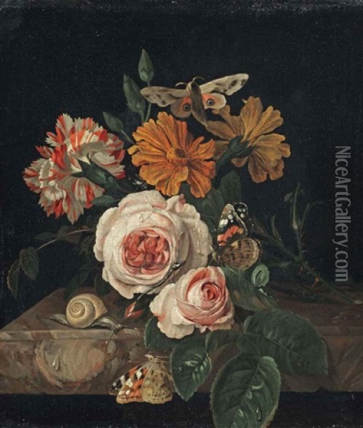 Pink Peony Roses, A Carnation And Daisies With A Dragonfly, Two Butterflies, A Moth And A Snail, All On A Marble Ledge Oil Painting - Willem Van Aelst
