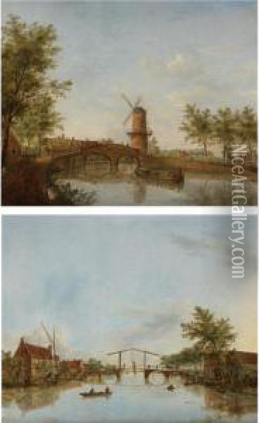 River Landscape With Drawbridge; River Landscape With Windmill Oil Painting - Johannes Janson