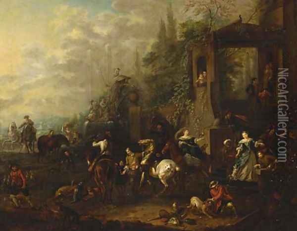 An elegant hawking party before a mansion Oil Painting - Philips Wouwerman