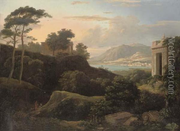 An Italianate Coastal Landscape, With Classical Ruins And Figures In The Foreground, A Town Beyond Oil Painting - Patrick Gibson