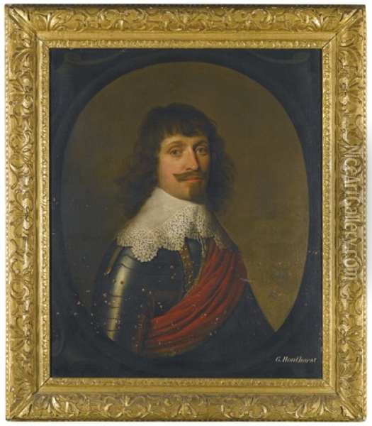 Portrait Of A Gentleman, Head And Shoulders, With A Red Sash Over His Armour Oil Painting - Gerrit Van Honthorst