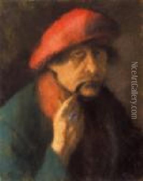 Self-portrait In A Red Cap Oil Painting - Jozsef Rippl-Ronai