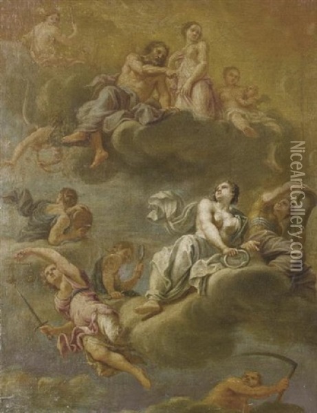 Psyche Received On Olympus, Accompanied By Mercury, The Cardinal Virtues And Eternity (sketch For A Ceiling) Oil Painting - Louis (Laguerre le vieux) Laguerre